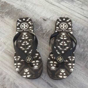 Tory Burch Black and Brown Patterned Flip Flops